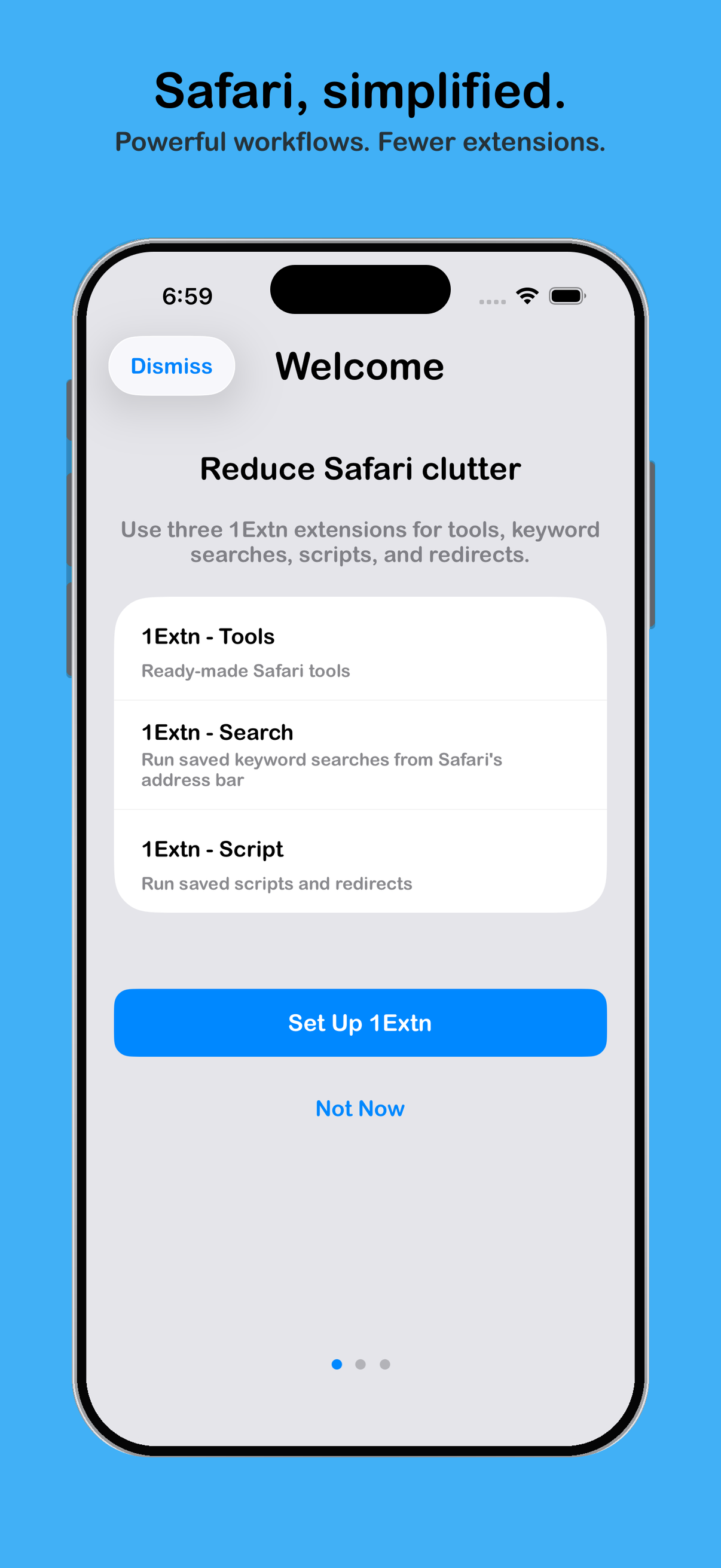 1Extn welcome screen explaining its three focused Safari extensions